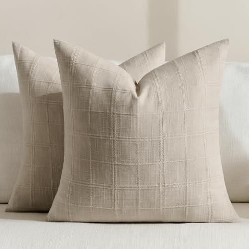 FIBORIA Outdoor Kissenbezug 35x35 Boho Natur Leinen 2er Set Baumwolle kleine Kissenhüllen Kariert,atmungsaktiv weich,Dekokissen Sofakissen Deko für Sofa Balkon Terrasse Garten Sommer Kinder,Frühling