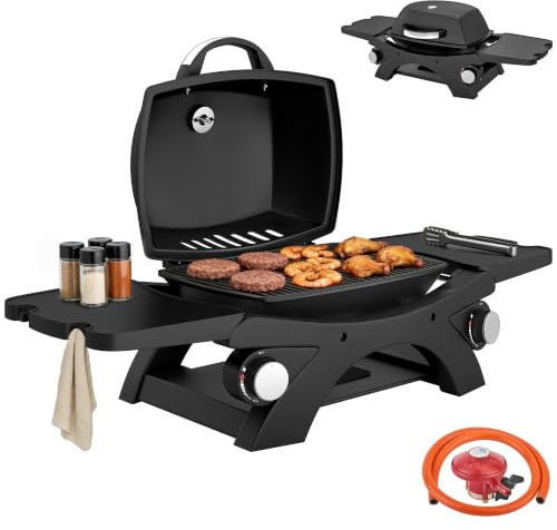 Barbecue à gaz Outsunny à 2 brûleurs avec 2 tables d'appoint amovibles, barbecue en acier de 3,8 kW avec grilles en fonte, barbecue de table avec couvercle, thermomètre, bac à graisse, 4 crochets,