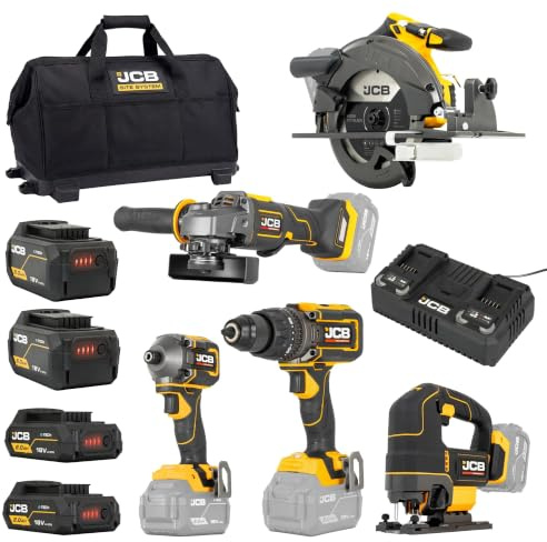 JCB Pro 18V 5-Piece Kit, 160Nm Combi Drill, 230Nm Impact Driver, 185mm Circular Saw, 115mm Angle Grinder, Jigsaw, Batteries, Dual Charger & Tool Bag | JCB-18PKIT-8