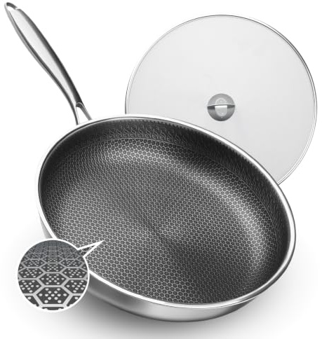 Unichefry Padella Ibrida Inox Antiaderente 32cm con Superficie a Nido d'Ape | Padella Senza PFAS con Struttura Tri-Ply, Compatibile Induzione, Forno e Lavastoviglie