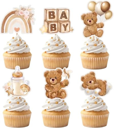 Samyosaien 24PCS Baby Shower Cupcake Toppers, Gender Reveal Cake Toppers with Cute Brown Bear, Baby Shower Cake Decorations for Birthday Party, Bear Cupcake Decorations