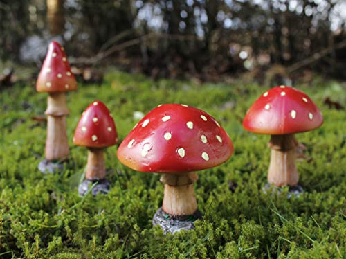 Garden Mile Red Mushroom Garden Ornaments, 4 Pack | Outdoor Toadstool Statues, Gardening Gifts, Fairy Garden Accessories, Mushroom Figurines
