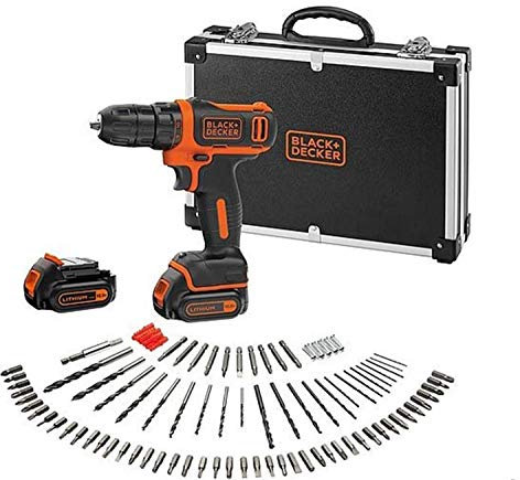 Black+Decker Akku-Bohrschrauber (10.8V 1,5Ah, ultrakompakt & leicht, mit LED-Arbeitsleuchte, Softgriff, inkl. 200mA Ladekabel, 2x Akkus, 100tlg. Zubehör, in hochwertigem Koffer) BDCDD12BAFC