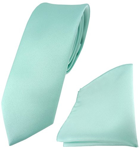 TigerTie - schmale Satin Krawatte + Einstecktuch in mint grün Uni einfarbig - Schlips Binder