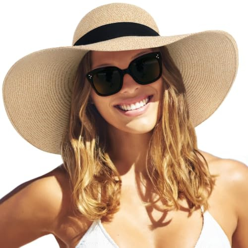 FURTALK Womens Sun Straw Hat Wide Brim UPF 80 Summer Hat Foldable Packable Floppy Beach Hats for Women Mix Beige,Medium-Large