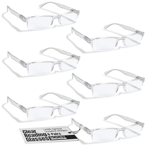 Boost Eyewear 6 Pack Reading Glasses, Clear Half Rim Frames, for Men and Women, with Comfort Spring Loaded Hinges, Clear, 6 Pairs (+3.00)