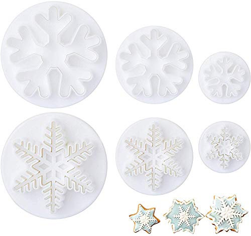 LIHAO 6× Schneeflocken Ausstecher Fondant Ausstechform Schnee Weihnachten Tortendeko Auswerfer Stempel Backzubehör für Kekse Torte Schokolade DIY
