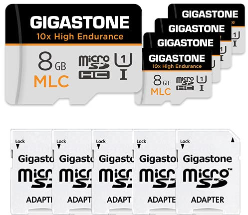 GIGASTONE - Paquete de 5 tarjetas micro SD MLC industriales de 8 GB, grabación de video Full HD, cámara de seguridad, cámara de salpicadero, compatible con vigilancia de 85 MB/s, U1 C10, con adaptador