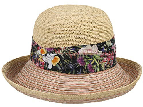 LIERYS Gold Veronique Damenhut One Size (55-57 cm) - Handmade in Italy - Leichter Glockenhut Damen - Eleganter Strohhut mit Blumen - Sonnenhut Frühling/Sommer Natur-beige One Size