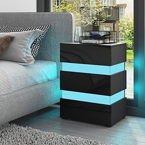 Senvoziii Nachttisch Kommode Hochglanz mit 3 Schubladen Nachtschrank LED-Beleuchtung Nachtkommode Sofa Tisch für Schlafzimmer Büro Wohnzimmer - Schwarz