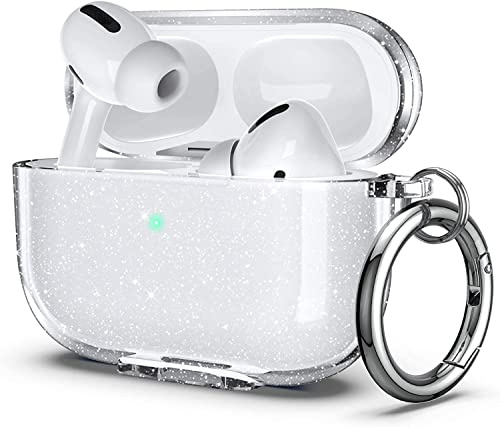 ULAK för AirPods Pro-fodral glitter klart stöttåligt fodral tunt skyddsfodral med karbinhake transparent laddningsfodral för Apple AirPods Pro 2022/2019 (LED synlig på framsidan) – glitter