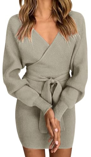 heekpek Women's Long Sleeve Bodycon Jumper Dress - Slim Fit V-Neck Knitted Sweater for Office, Parties, Leisure, Cocktail