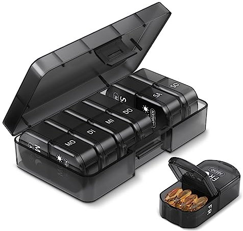 Opret Tablettenbox Morgens Abends, Pillendose 7 Tage 2 Fächer, Klarerer und Dauerhafterer Druck Medikamentenbox mit Große Fächer, Pillenbox Tablettendose Tabletten Wochenbox