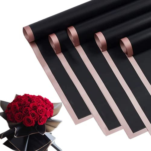 Geschenkpapier, 40 Stück, frische Blumen, wasserdicht, florales Geschenkpapier, Blätter,Blumenstrauß, Geschenkverpackung, koreanisches Floristenbedarf, 57 x 57 cm (Roségoldener Rand, Schwarz)