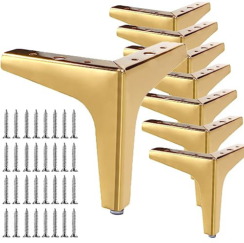 LOLYSIC 8 Pcs Metal Furniture Legs, 13cm / 5” Heavy Duty Sofa Legs, Gold Metal Legs for Furniture, Triangle DIY Cabinet Legs Sofa Table Feet, Include Mounting Screws