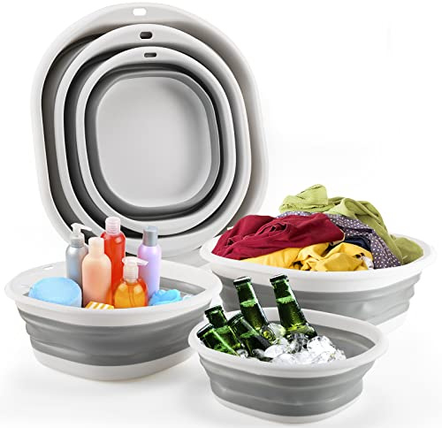 Collapsible Tub Wash Basin Laundry Tub 3 Pack Collapsible Laundry Baskets Foldable Dish Tub Plastic Washtub Space Saving Storage Container for Dishing, Fruit, Camping, Laundry, Hiking & Home (Grey)