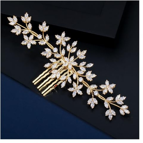 Weißgold vergoldet, kubischer Zirkon, großes Blatt, for Damen, Hochzeit, Party, Haarkamm, Pins, Zubehör, Braut-Kopfschmuck, Schmuck (Color : Gold)