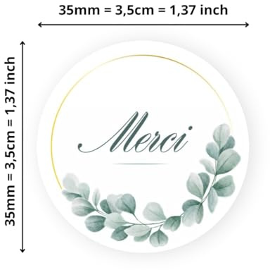 Avery - 140 Etiketten Danke rund selbstklebend – 35 mm – Recyclingpapier – Eukalyptus – 4 Bögen A4 Dankesaufkleber für Hochzeit, Handwerk und Partys