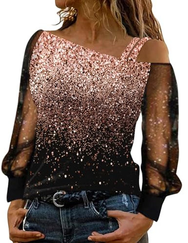 Fulidngzg Glitzer Bluse Damen Weiß Große Größen Silvester Oberteil Casual Elegant Oberteile Pailletten Herbst Winter mit Festliche Outfit Party