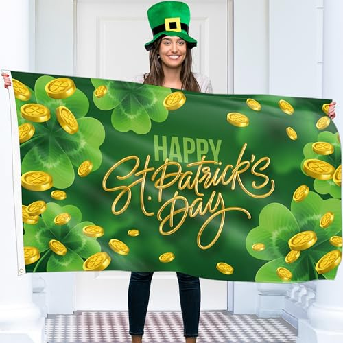 Bandera del Día de San Patricio con oro – Decoración del Día de San Patricio – Impresión digital de doble cara – Poliéster grueso 110Den – Doble costura – 2 ojales de latón, grande 5 x 3 pies