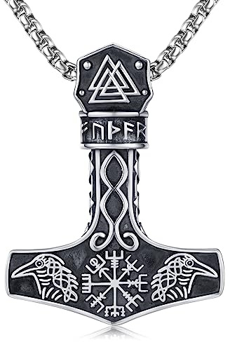 Twoowl Mjolnir Halskette Sterling Silber Wikinger Kompass Anhänger Thor Hammer Rabe Nordische Runen Vegvisir Amulett Schmuck Geschenke für Frauen Männer