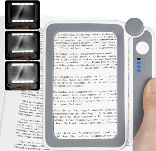 Vicloon Magnifying Glass with Light, 4X Reading Magnifier, Large Foldable Handheld with 10 LEDS and 3 Dimming Modes, Rectangular Magnify Glasses Lens for Low Vision Aids Person Elder (Gray）