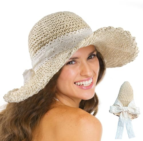 badaren Chapeau de Paille pour Femme, Chapeau de Soleil, Chapeau Pliable pour Dame (FR/ES, Numérique, 58, Beige)