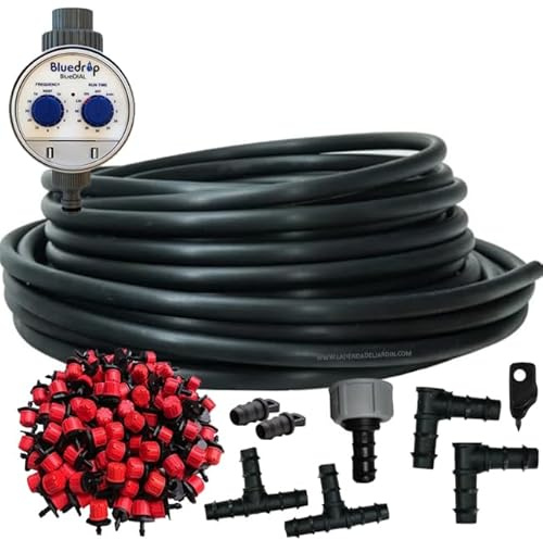 Suinga Sistema Riego por goteo jardin 50 metros. Incluye tubo 16mm + 50 goteros + programador de riego + accesorios de instalación