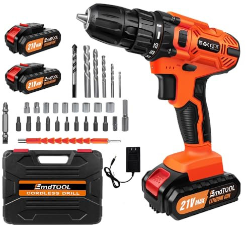 Akkuschrauber Akku-Bohrmaschine Akku Bohrschrauber Akku-Schlagbohrschrauber mit 2 Akkus, 45Nm Drehmoment 25+1 Drehmomentstufen 2-Gang Schlagbohrschrauber 26PCS Zubehöre für Haus und Garten DIY Projekt