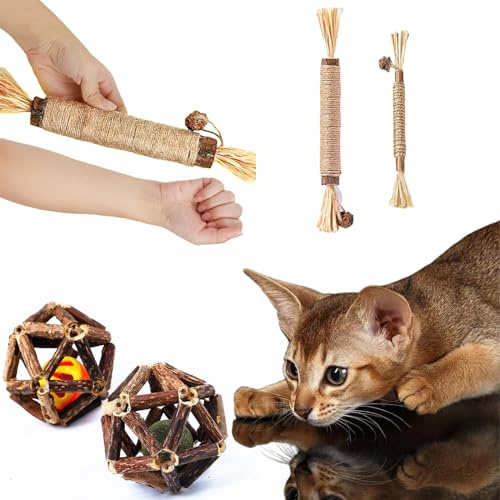GDSanlian Cat Chew Toys, 4-Pack Silver Vine Cat Toys, Natural Silver Vine Sticks for Cats, Natural Silver Vine Stick Cage Cat Bell Balls for Cleaning Teeth, Increase Appetite, Suitable for Indoor Cats