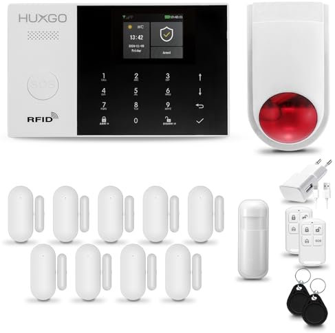 HUXGO® HXA005 Funk Alarmanlage Set WiFi + GSM mit Alarmsirene | Alarm System mit Bewegungsmelder, 9X Fensteralarm/Türsensoren | Alarmanlage fürs Haus, Wohnung, Wohnmobil | Smart Home
