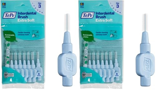 TePe Interdentalbürsten, Blau, extra weich (0,6 mm, Größe 3), einfache und effektive Reinigung der Zahnzwischenräume, 1 x 8 Bürsten (Packung mit 2)