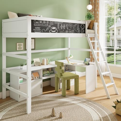 ZYLOYAL10 Multifunktionales Kinderbett, Einzelbett,Etagenkinderbett, Mit Beweglicher Tisch & Brett& Kritzelbrett& Stauschrank & Leitern, Ohne Matratze, 90 * 200 cm, Weiß