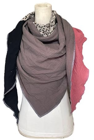 Musselintuch Leo print beige schwarz Grau Malve mehrfarbiges Einzelstück Dreieckstuch Halstuch Damen XXL Wickelschal Tuch Stola Handmade Schal einlagig