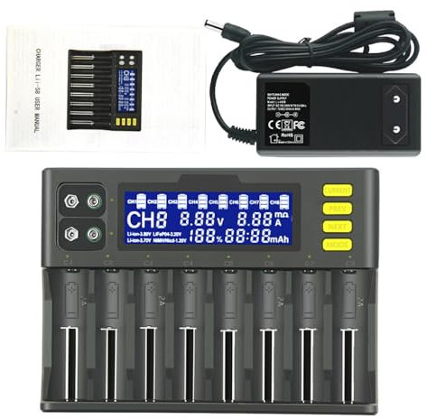budiniao Chargeur de batterie 8 emplacements 9V LCD affichage numérique piles rechargeables adaptateur de charge plastique Lithium Charge bureau