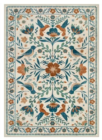 Moynesa Bedroom Rug 5x7, Washable Modern Bohemian Area Rugs for Living Room Dining Room, Farmhouse Floral Bird Print Pattern Carpet, Retro Home Decor Open Floor Areas Non-Slip Protection