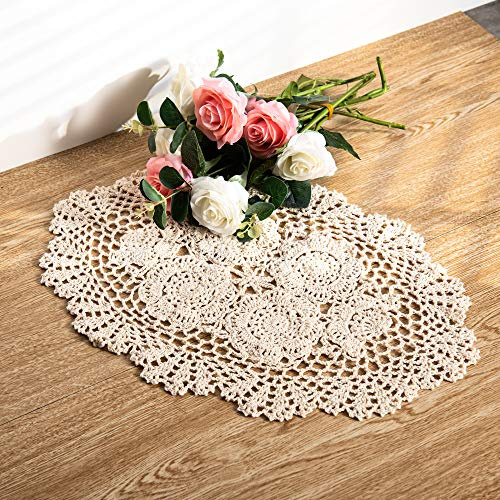 Feyarl 2 Pcs Crochet Cotton Lace Table Placemats Handmade Doilies, 12 x17inch (Beige)