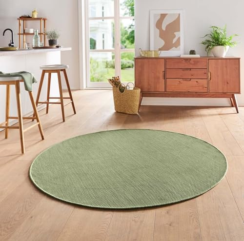 Taracarpet Teppich Flacher Kurzflorteppich für Wohnzimmer, Schlafzimmer und Kinderzimmer auch als Küchenteppich für die Küche in Sisal Optik grün 120x120 cm rund