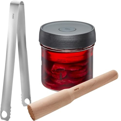 GEFU Set NATIVO Fermentierglas 0,5 l - Gärglas mit Stößel & Küchenzange | Inklusive Fermentationsgewicht aus Glas, Gärventil System für Kimchi & Sauerkraut, luftdicht zur Aufbewahrung geeignet