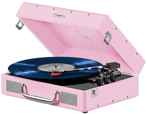 Mixx Revival 55 RetroStyle Portable Suitcase Vinyl Record Player with Built-in Stereo Speakers, Bluetooth In/Output, All Record Sizes with 45 RPM adapter, 45,33,78, EU and UK plugs and AC adapter..