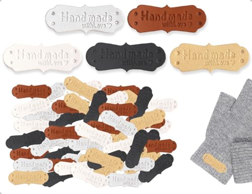 Emezddo 50 Stück Handmade Label zum annähen,Handgefertigte Geprägtes Etiketten,Handmade with Love Lederetiketten Mit Löchern,für Häkelkleidung,Stricken,DIY Jeans,Taschen,Hüte(5 Farben,4 * 1.5 cm)