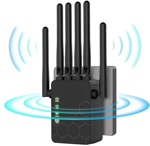 Repetidor WiFi,Amplificador señal WiFi Potente,6 Antenas,2 Puertos LAN,Extensor WiFi para el Hogar y la Oficina,Fácil de Instalar,Amplificador WiFi,10000Sq.in área de Cobertura,WiFi Extender (Negro)