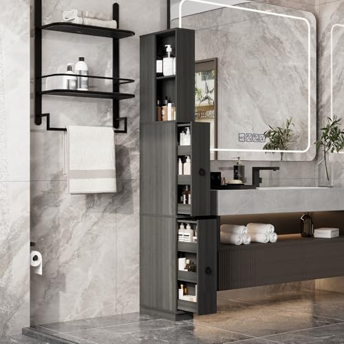 PREMTURE Tall Bathroom Cabinet, Slim Bathroom Storage Cabinet with Open Shelf & 2 Drawers, Freestanding Narrow Bathroom Storage Unit for Small Spaces, Grey, 40D x 15W x 185H cm