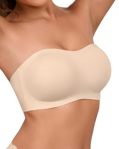 SHARICCA Dam axelbandslös bh push up utan bygel bandeau topp halkfri silikon sömlös bralette med avtagbar axelrem strapless BH, färg, XXL
