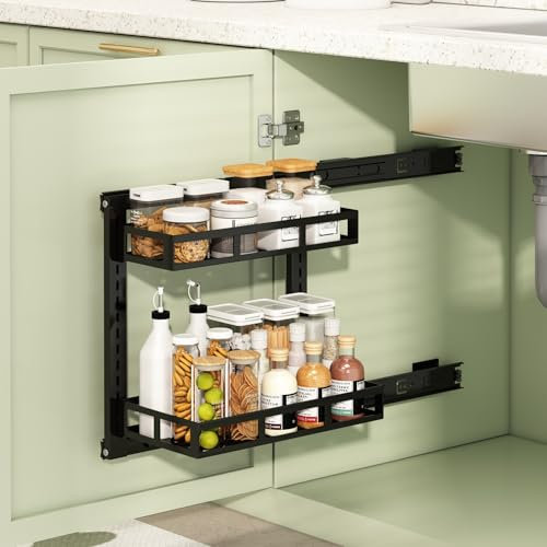 Caja de almacenamiento para puerta de armario de cocina, 2 niveles, autoadhesiva, organizador de armario de cocina montado en la pared, estante debajo del fregadero, altura ajustable, cesta doble para