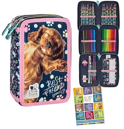 Goldkids - Federmäppchen 3 Fächer - Mäppchen für Mädchen und Jungen - Federmappe 3-Fach Federtasche Gefüllte Schüleretui Schulmäppchen und Hausaufgabenheft - Hund Motiv