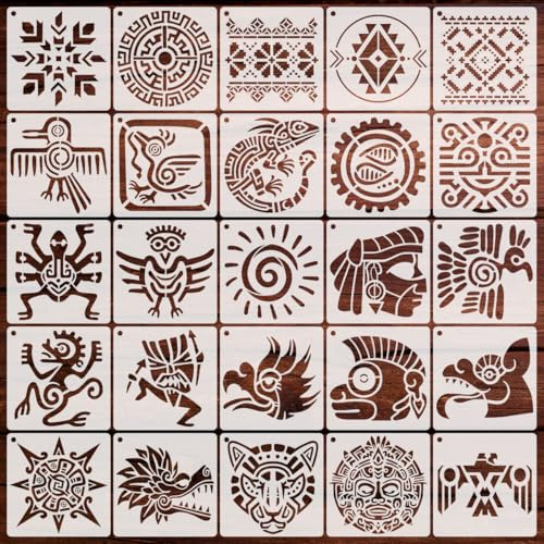 MWOOT 25 Pezzi Stencil per Pittura Tribali Aztechi, Stencil Modelli di Pittura Simbolo Tribale Riutilizzabili in Plastica per Mobili Muro Legno Design Scrapbooking DIY 13 x13 cm