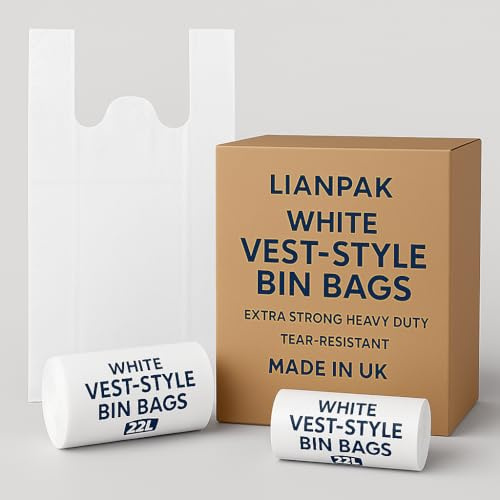22L Lianpak Extra Strong Vest-Style Bin Bags – Heavy Duty Commercial Waste Sacks, Recycled Plastic, Tear-Resistant, White – Made in UK (100)