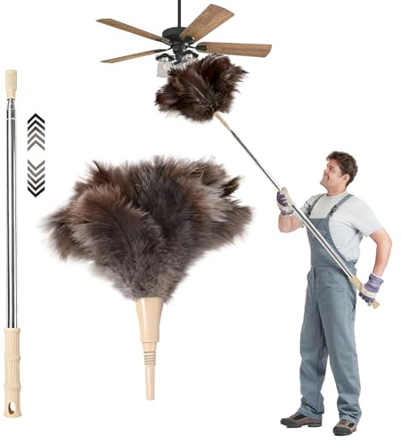 Feather Duster Extendable 35-110cm Ostrich Feather Dusters For Cleaning | Long Duster For High Ceilings,Lamps, Cabinets, Furniture, Venetian Blind Cleaner Tool (Khaki)