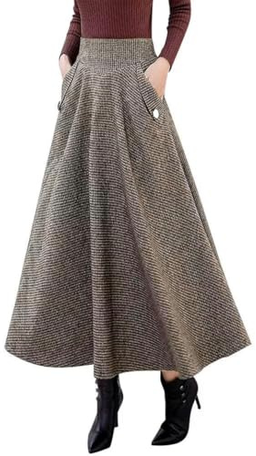Rock Damen Lang Woll Faltenrock Vintage Hohe Taille Winterrock,Herbst A-Line Kariert Elegant Trachtenrock mit Futter